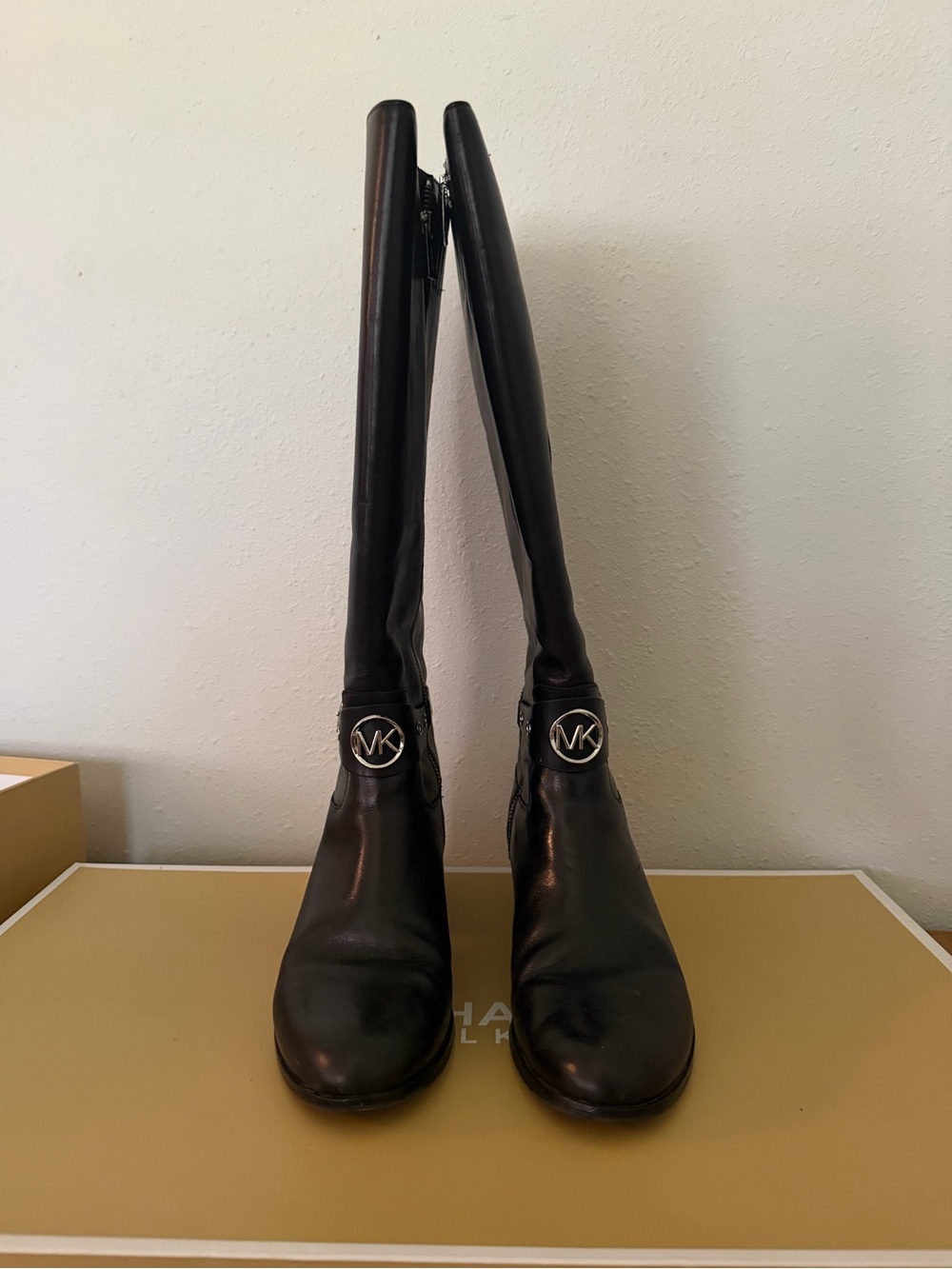 MICHAEL Michael Kors Black Tall Leather Logo Knee Boots